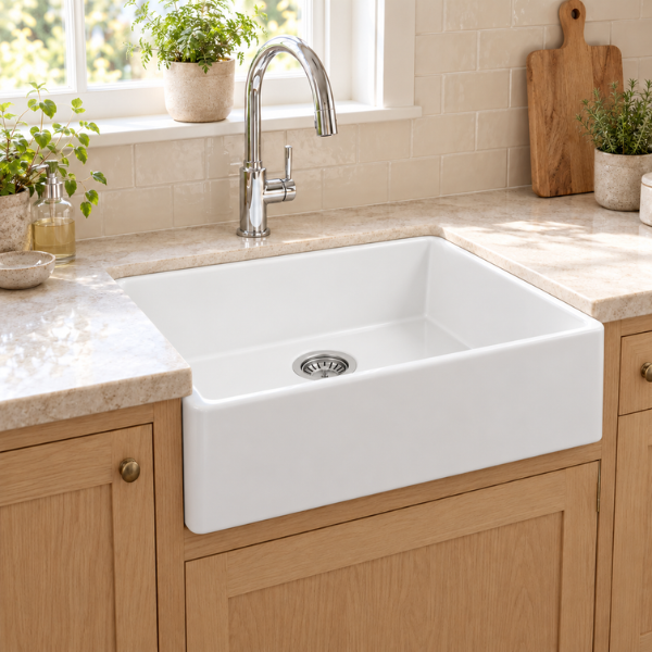 Cavarro Levanzo CFS241810 605 × 457mm White Fireclay Smooth Apron Front Single Bowl Kitchen Sink Flush Mount or Undermount Ideal for Compact and Farmhouse Kitchens