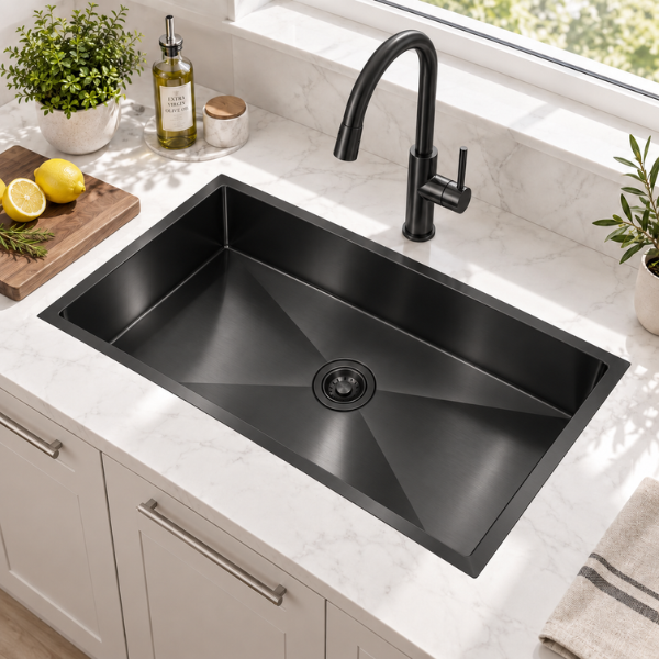 Saniware Nano Stainless Steel Single Bowl Kitchen Sink 900x450x230mm Handmade Deep Bowl Sink – Silver / Black / Gold / Rose Gold / Gun Metal