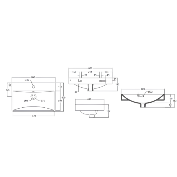 Johnson Suisse Treviso-N 600mm Wall Hung Basin Set WBSC950214WW White Ceramic Wall Mounted Sink 1 Tap Hole With Overflow Bathroom Basin