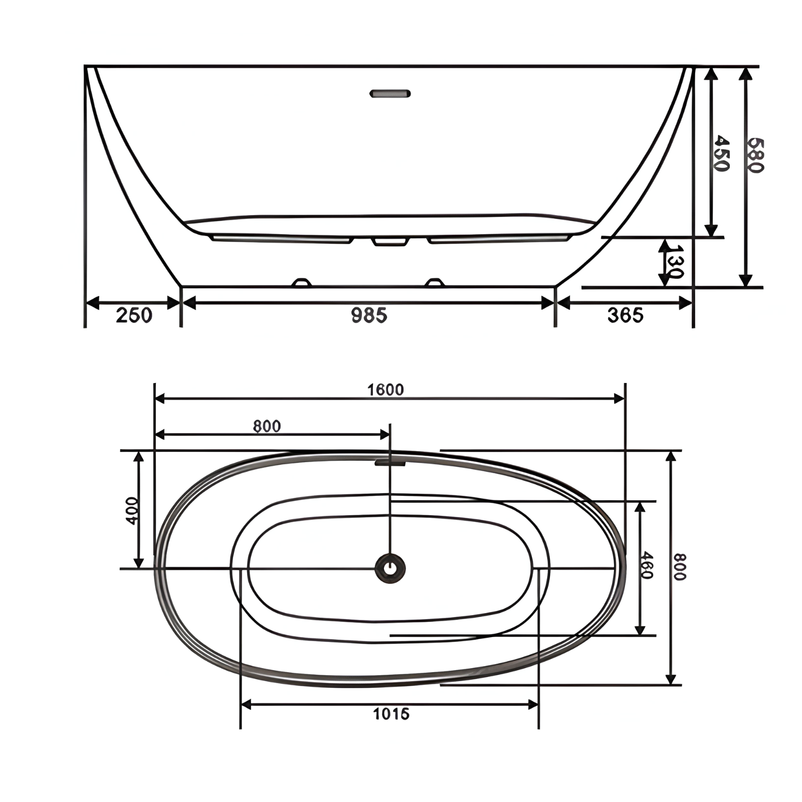Eurano ERN 12014 Luxury 2 Person Freestanding Bathtub (1600×800×580mm) Glossy White Acrylic Soaking Tub
