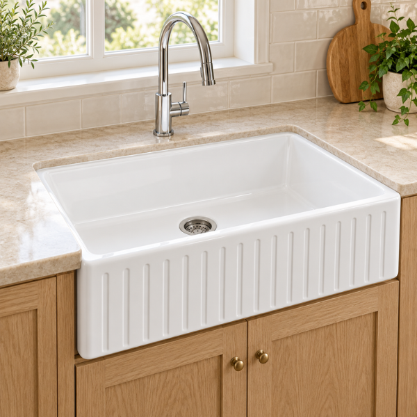 Cavarro Levanzo FG271810N 689 × 473mm White Fireclay Reversible Apron Front Single Bowl Kitchen Sink Flush Mount or Undermount Ideal for Family and Farmhouse Kitchens