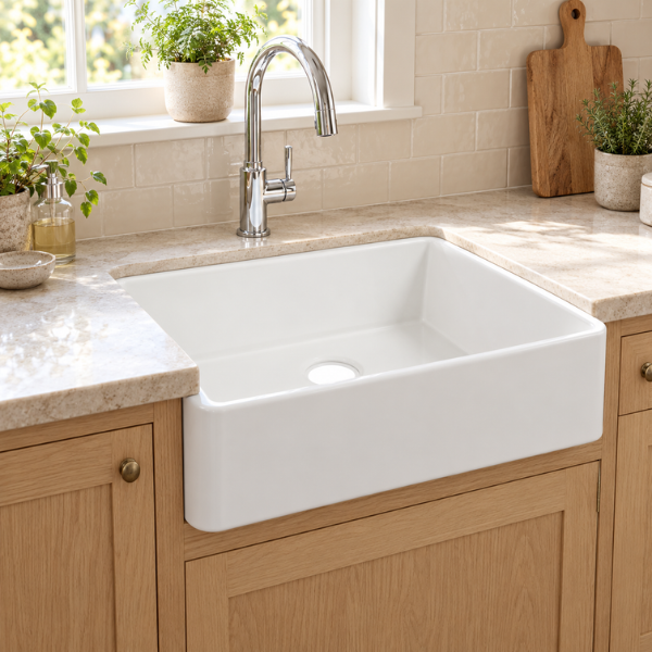 Cavarro Levanzo FG271810N 689 × 473mm White Fireclay Reversible Apron Front Single Bowl Kitchen Sink Flush Mount or Undermount Ideal for Family and Farmhouse Kitchens