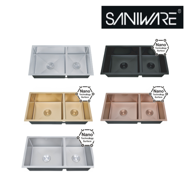 Saniware Nano Stainless Steel Double Bowl Kitchen Sink 850x450x230mm Handmade Deep Bowl Sink – Silver / Black / Gold / Rose Gold / Gun Metal