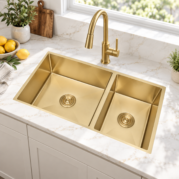 Saniware Nano Stainless Steel Double Bowl Kitchen Sink 850x450x230mm Handmade Deep Bowl Sink – Silver / Black / Gold / Rose Gold / Gun Metal