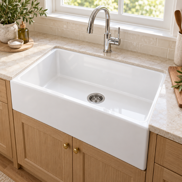 Cavarro Levanzo CFS301810 762 × 457mm White Fireclay Smooth Apron Front Single Bowl Kitchen Sink Flush Mount or Undermount Ideal for Family and Farmhouse Kitchens