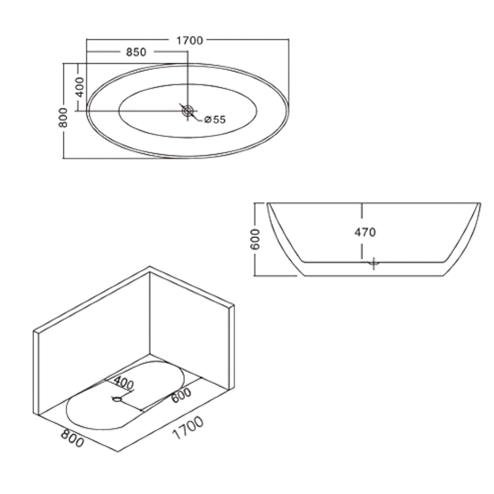 Eurano ERN-12096 Luxury 2-Person Freestanding Bathtub (1700×800×600mm) Glossy White Acrylic Soaking Tub