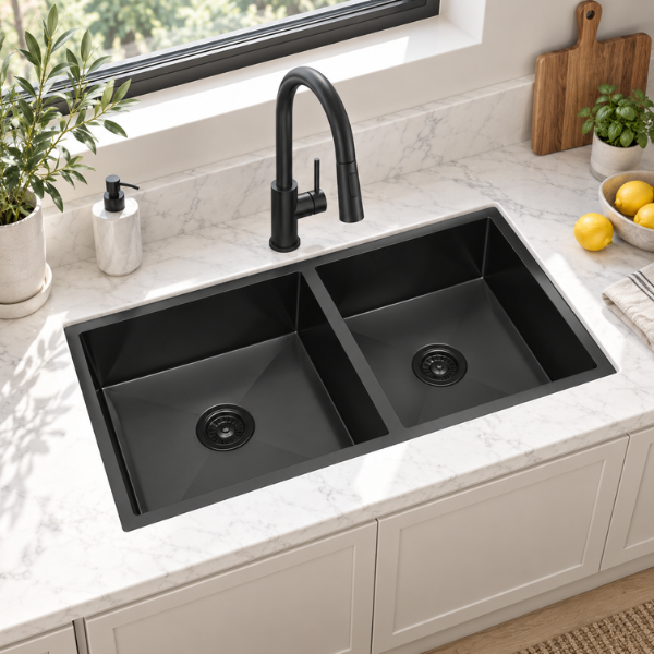 Saniware Nano Stainless Steel Double Bowl Kitchen Sink 850x450x230mm Handmade Deep Bowl Sink – Silver / Black / Gold / Rose Gold / Gun Metal