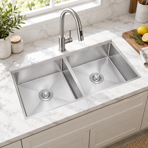 Saniware Nano Stainless Steel Double Bowl Kitchen Sink 850x450x230mm Handmade Deep Bowl Sink – Silver / Black / Gold / Rose Gold / Gun Metal