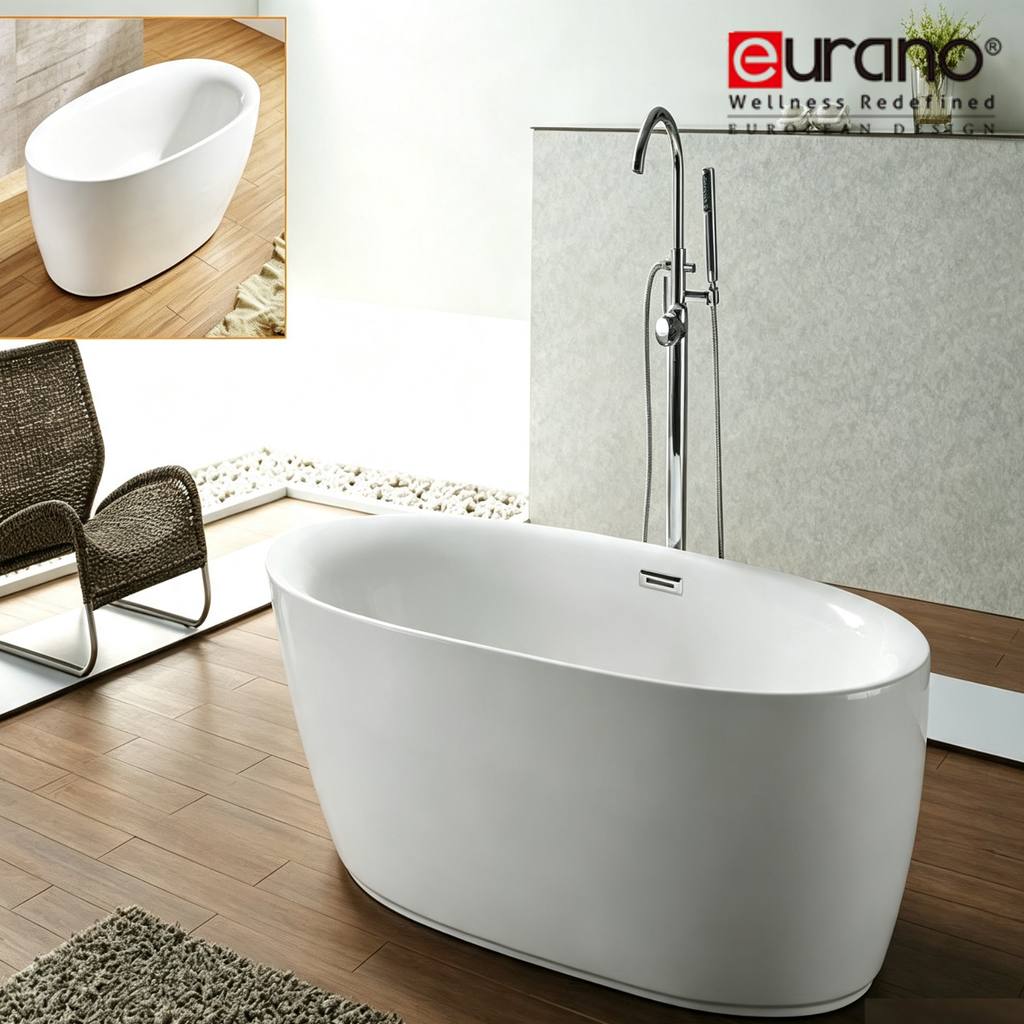 Eurano ERN-12150 Luxury 2-Person Freestanding Bathtub (1500×800×500mm) Glossy White Acrylic Soaking Tub