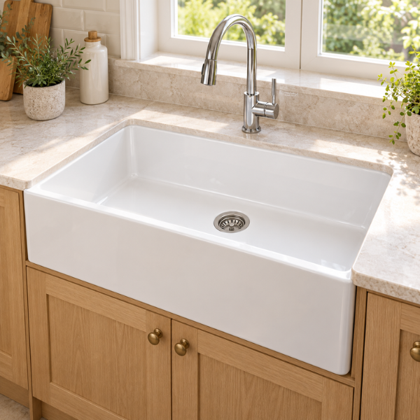 Cavarro Levanzo CFS331810 838 × 457mm White Fireclay Smooth Apron Front Single Bowl Kitchen Sink Flush Mount or Undermount Ideal for Family and Farmhouse Kitchens