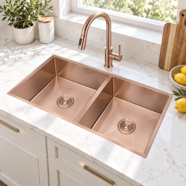 Saniware Nano Stainless Steel Double Bowl Kitchen Sink 850x450x230mm Handmade Deep Bowl Sink – Silver / Black / Gold / Rose Gold / Gun Metal