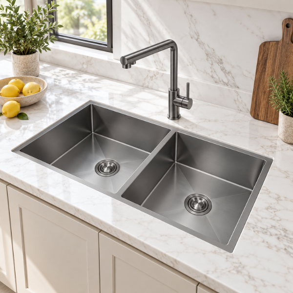 Saniware Nano Stainless Steel Double Bowl Kitchen Sink 850x450x230mm Handmade Deep Bowl Sink – Silver / Black / Gold / Rose Gold / Gun Metal