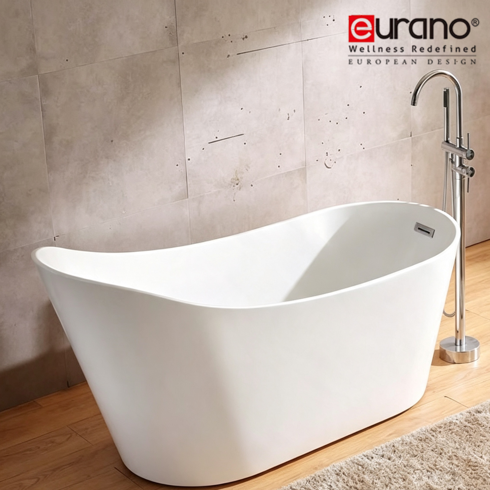 Eurano ERN-12160Luxury 2-Person Freestanding Bathtub (1600×750×850mm) Glossy White Acrylic Soaking Tub