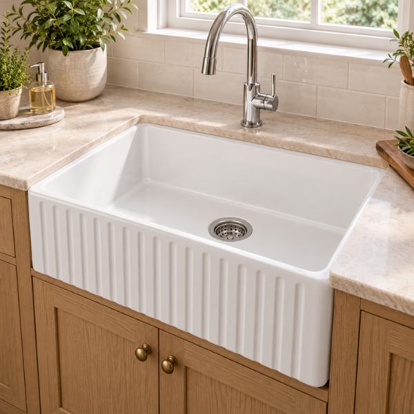 Cavarro Levanzo FG241810N 610 × 459mm White Fireclay Reversible Apron Front Single Bowl Kitchen Sink Flush Mount or Undermount Ideal for Compact and Farmhouse Kitchens