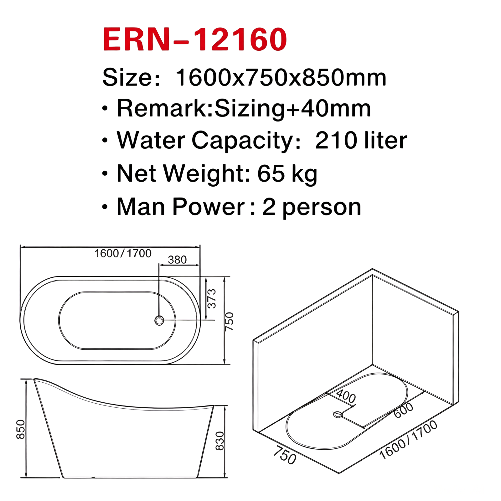 Eurano ERN-12160Luxury 2-Person Freestanding Bathtub (1600×750×850mm) Glossy White Acrylic Soaking Tub