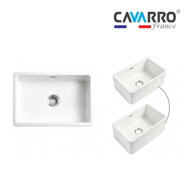 Cavarro Levanzo FG301810N 760 × 459mm White Fireclay Reversible Apron Front Single Bowl Kitchen Sink Flush Mount or Undermount Ideal for Family and Farmhouse Kitchens