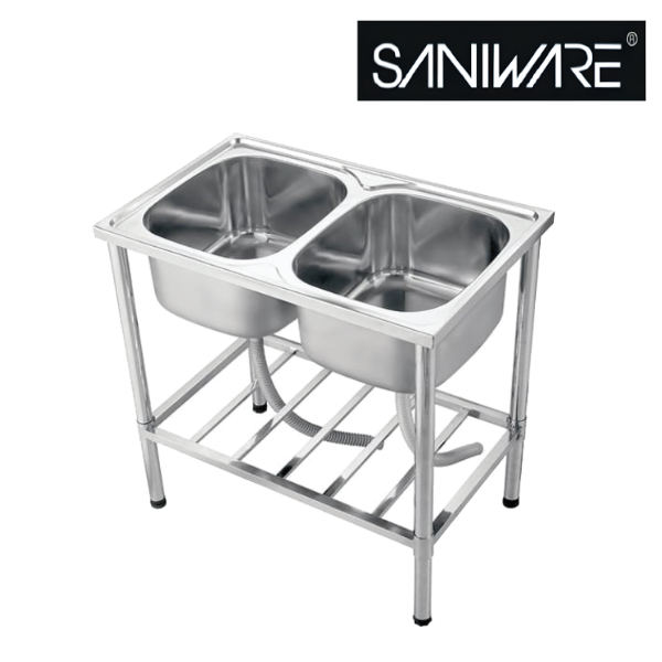 Saniware SKS-R250-8050 Double Bowl Floorstanding Stainless Steel Kitchen Sink with Waste & Storage Rack, 800 × 500 mm