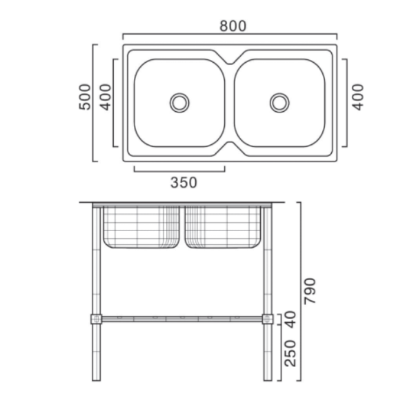 Saniware SKS-R250-8050 Double Bowl Floorstanding Stainless Steel Kitchen Sink with Waste & Storage Rack, 800 × 500 mm