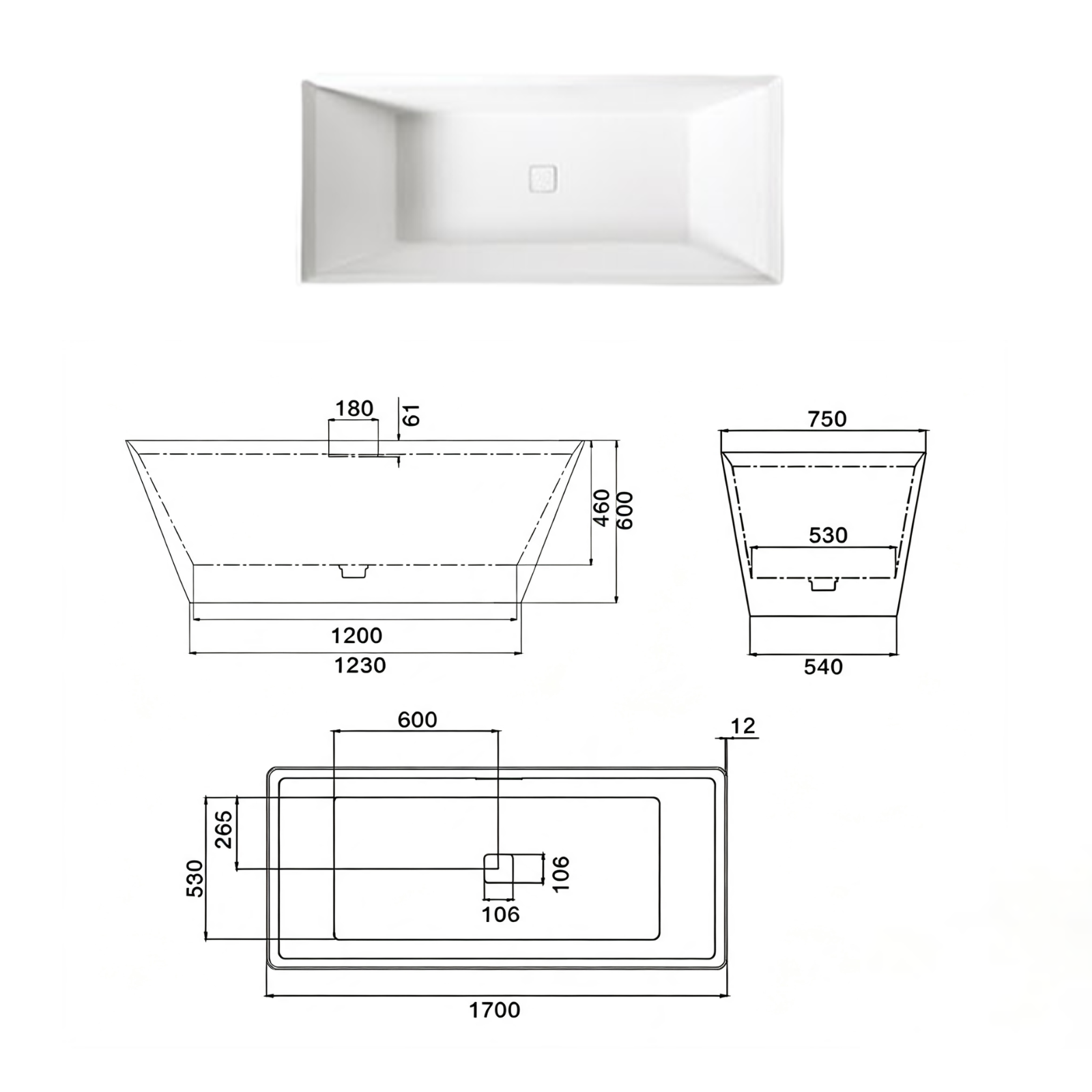 Eurano ERN-12001WH Luxury 2-Person Freestanding Bathtub (1700×750×600mm) Glossy White Acrylic Soaking Tub