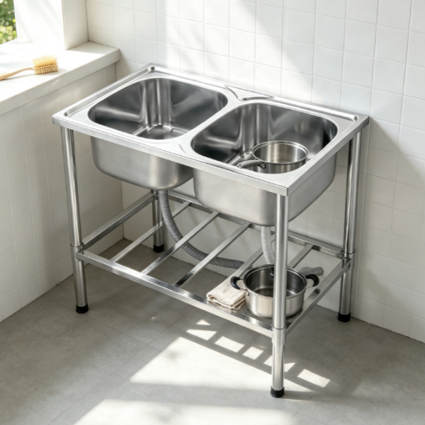 Saniware SKS-R250-8050 Double Bowl Floorstanding Stainless Steel Kitchen Sink with Waste & Storage Rack, 800 × 500 mm