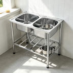 Saniware SKS-R250-8050 Double Bowl Floorstanding Stainless Steel Kitchen Sink with Waste & Storage Rack, 800 × 500 mm