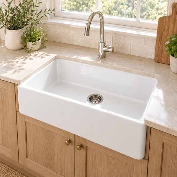 Cavarro Levanzo FG301810N 760 × 459mm White Fireclay Reversible Apron Front Single Bowl Kitchen Sink Flush Mount or Undermount Ideal for Family and Farmhouse Kitchens