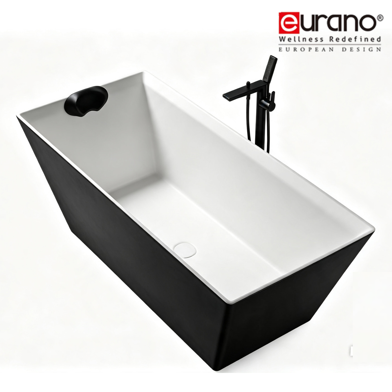 Eurano ERN 12001BK Modern 2-Tone Freestanding Bathtub (1700×750×600mm) Matte Black Exterior & Glossy White Interior Soaking Tub with Headrest