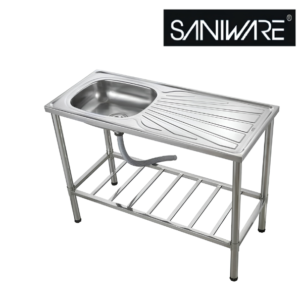 Saniware SKS-R170-10646 Freestanding Stainless Steel Single Bowl Sink with Drainboard, Stand & Waste Set