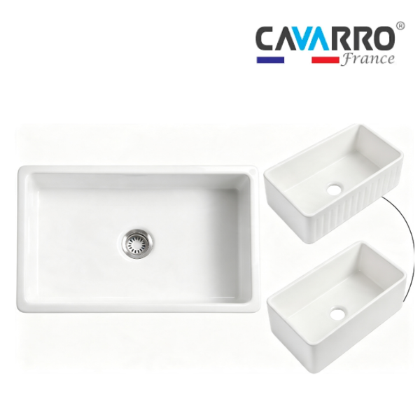 Cavarro Levanzo FG331810N 835 × 459mm White Fireclay Reversible Apron Front Single Bowl Kitchen Sink Flush Mount or Undermount Ideal for Family and Farmhouse Kitchens