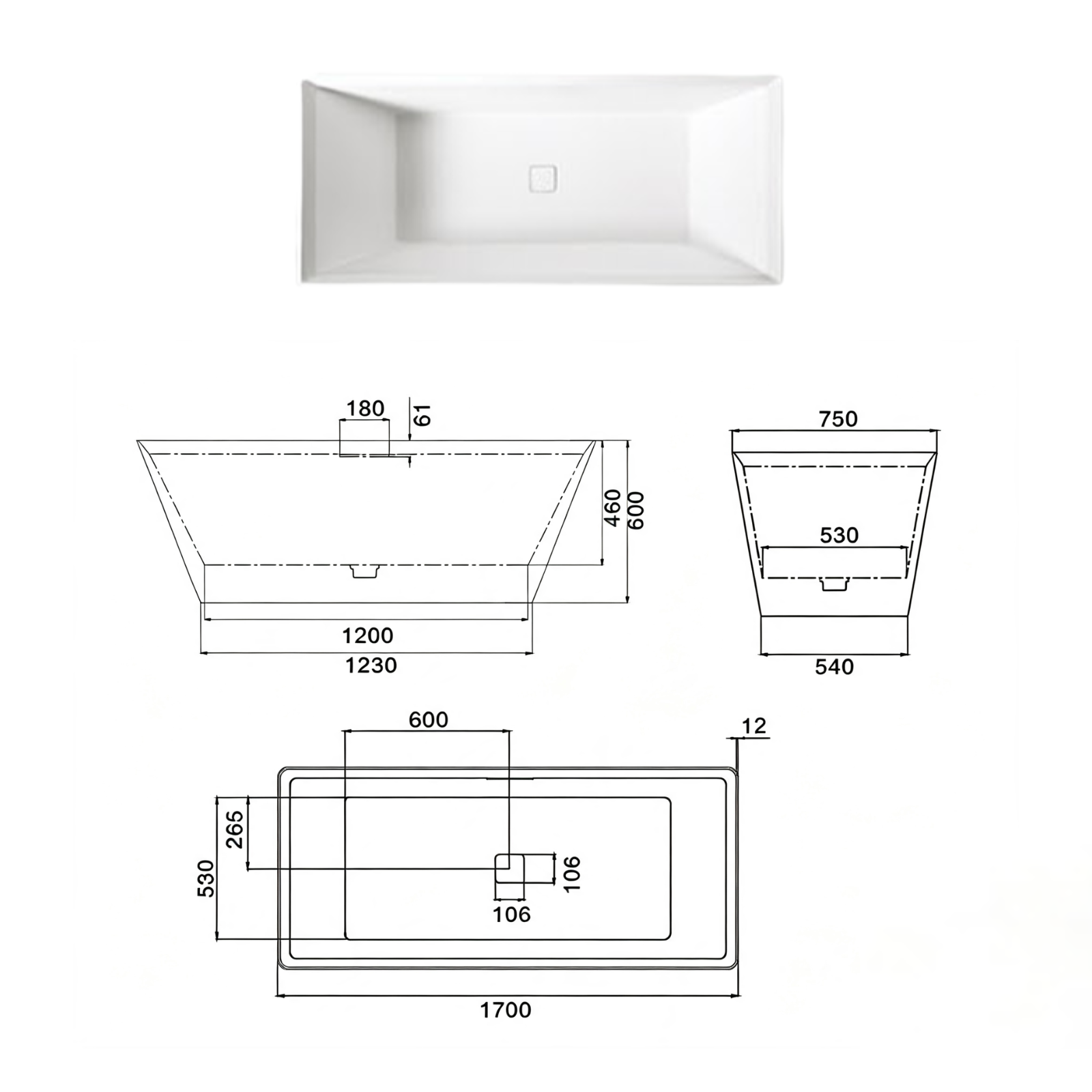 Eurano ERN 12001BK Modern 2-Tone Freestanding Bathtub (1700×750×600mm) Matte Black Exterior & Glossy White Interior Soaking Tub with Headrest