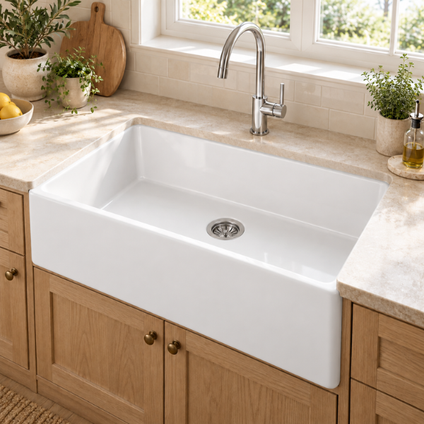 Cavarro Levanzo FG331810N 835 × 459mm White Fireclay Reversible Apron Front Single Bowl Kitchen Sink Flush Mount or Undermount Ideal for Family and Farmhouse Kitchens