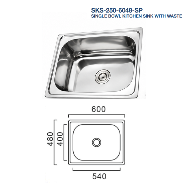 Saniware Stainless Steel Single Bowl Kitchen Sink with Waste – Polished Finish – 480mm / 600mm – Multiple Depth Options