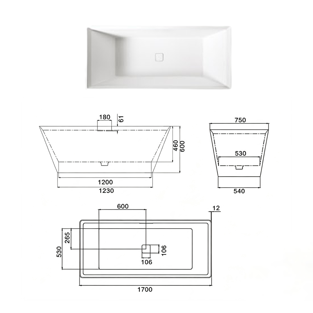 Eurano ERN 12001GY Modern Freestanding Bathtub (1700x750x600mm) High-Gloss Grey Acrylic Soaking Tub with Floor-Mounted Faucet and Headrest