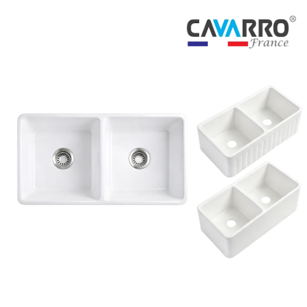Cavarro Levanzo FG331810ND 835 × 459mm White Fireclay Reversible Apron Front Double Bowl Kitchen Sink Flush Mount or Undermount Ideal for Family and Farmhouse Kitchens