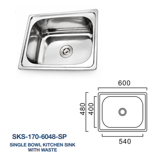 Saniware Stainless Steel Single Bowl Kitchen Sink with Waste – Polished Finish – 480mm / 600mm – Multiple Depth Options