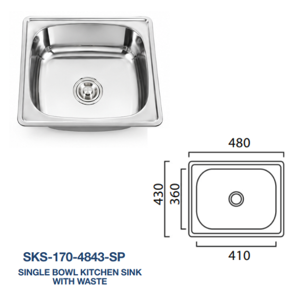 Saniware Stainless Steel Single Bowl Kitchen Sink with Waste – Polished Finish – 480mm / 600mm – Multiple Depth Options