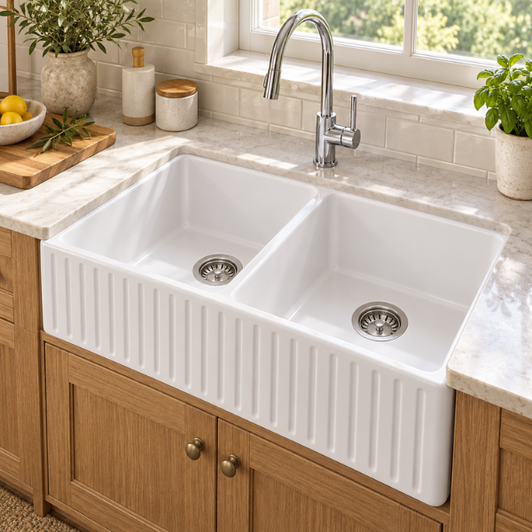 Cavarro Levanzo FG331810ND 835 × 459mm White Fireclay Reversible Apron Front Double Bowl Kitchen Sink Flush Mount or Undermount Ideal for Family and Farmhouse Kitchens