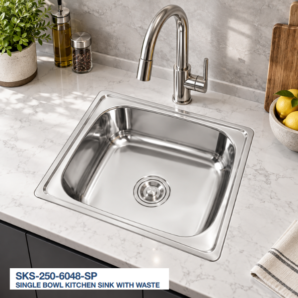 Saniware Stainless Steel Single Bowl Kitchen Sink with Waste – Polished Finish – 480mm / 600mm – Multiple Depth Options
