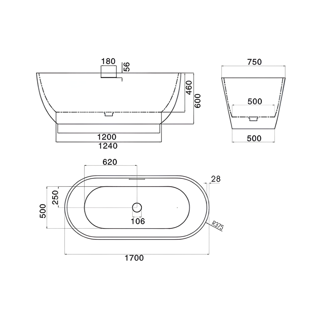 Eurano ERN 12002BK Modern Matte Black Freestanding Bathtub (1700×750×600mm) Premium Acrylic Soaking Tub with Headrest