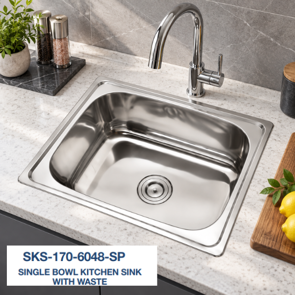 Saniware Stainless Steel Single Bowl Kitchen Sink with Waste – Polished Finish – 480mm / 600mm – Multiple Depth Options