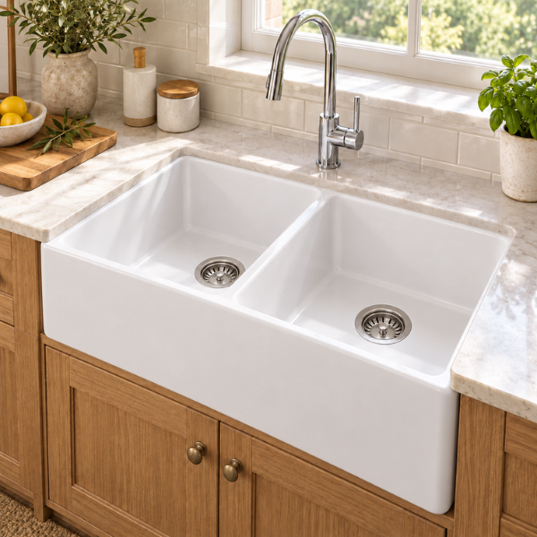 Cavarro Levanzo FG331810ND 835 × 459mm White Fireclay Reversible Apron Front Double Bowl Kitchen Sink Flush Mount or Undermount Ideal for Family and Farmhouse Kitchens