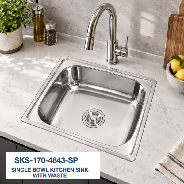 Saniware Stainless Steel Single Bowl Kitchen Sink with Waste – Polished Finish – 480mm / 600mm – Multiple Depth Options