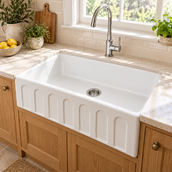 Cavarro Levanzo CF302010C 756 × 502mm White Fireclay Reversible Apron Front Single Bowl Kitchen Sink Flush Mount or Undermount Ideal for Family and Farmhouse Kitchens