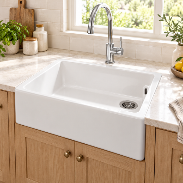 Cavarro Levanzo CF6046 605 × 457mm White Fireclay Smooth Apron Front Single Bowl Kitchen Sink with Overflow Flush Mount or Undermount Ideal for Compact and Farmhouse Kitchens