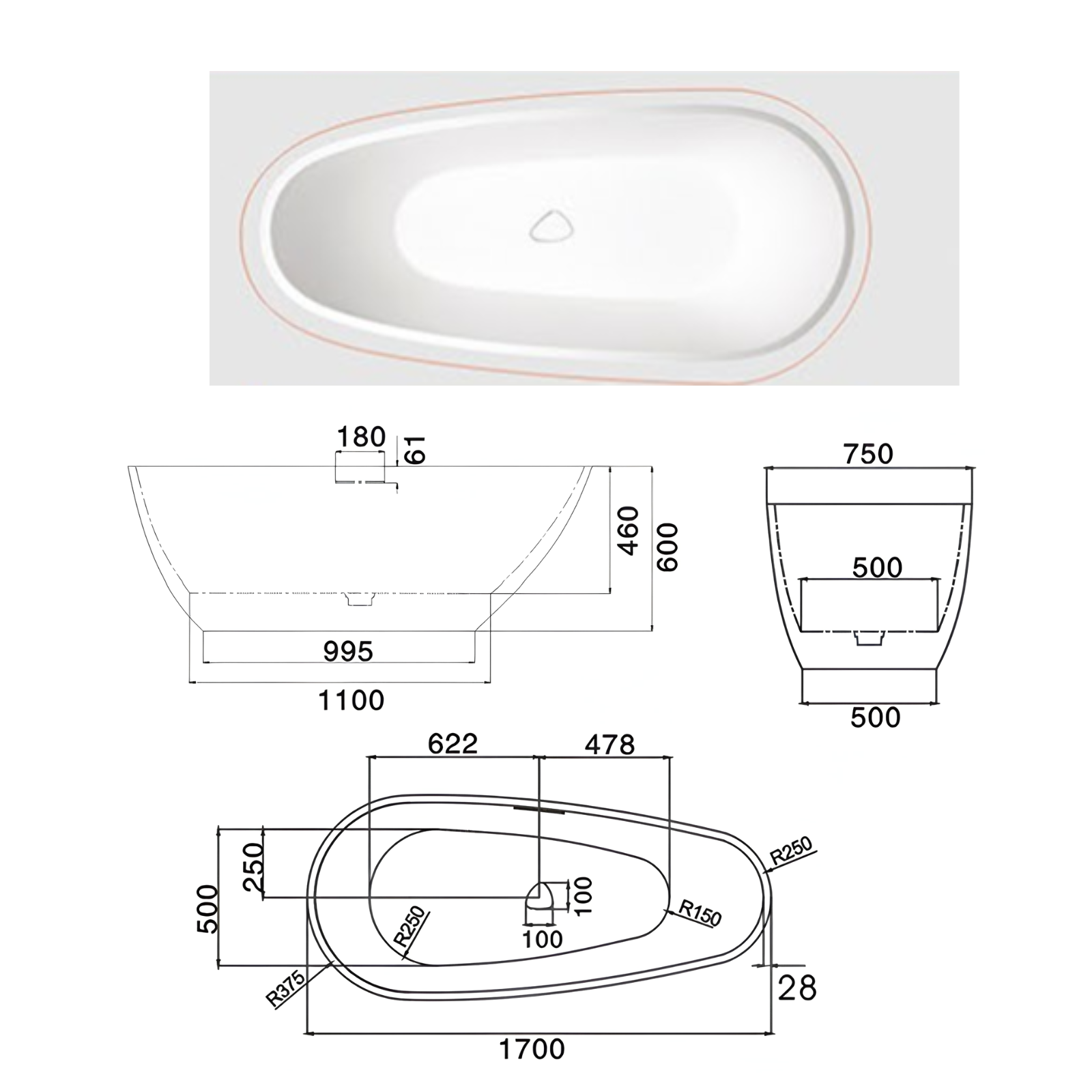 Eurano ERN 12003BK Matte Black Textured Freestanding Bathtub (1700×750×600mm) Modern Acrylic Tub