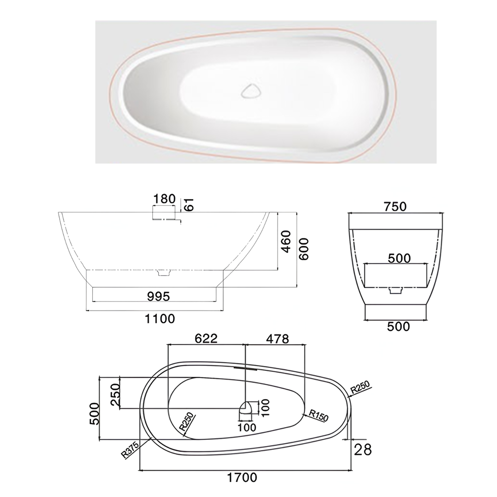 Eurano ERN 12003GY Matte Grey Textured Freestanding Bathtub (1700×750×600mm) Neutral Acrylic Tub