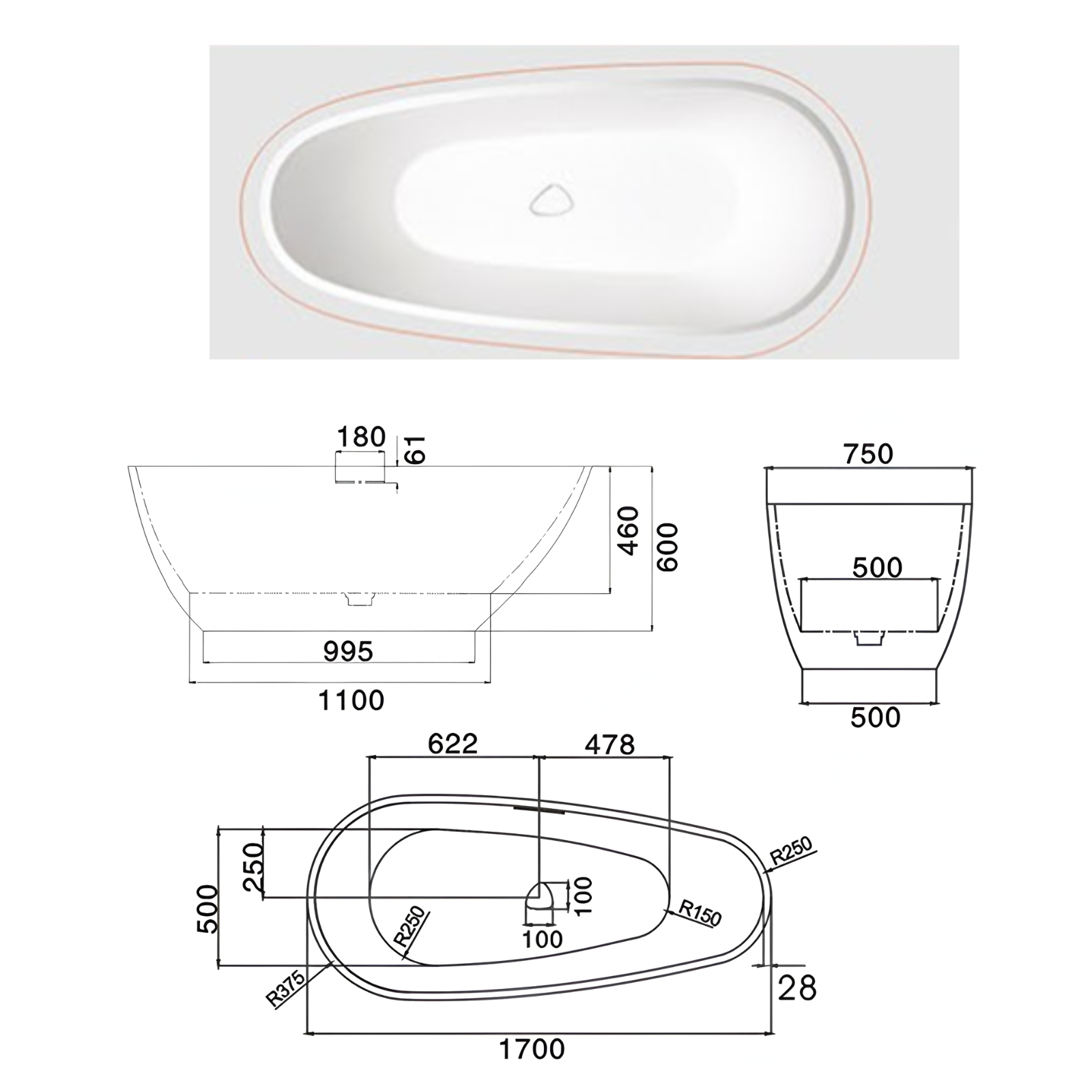Eurano ERN 12003GY Matte Grey Textured Freestanding Bathtub (1700×750×600mm) Neutral Acrylic Tub