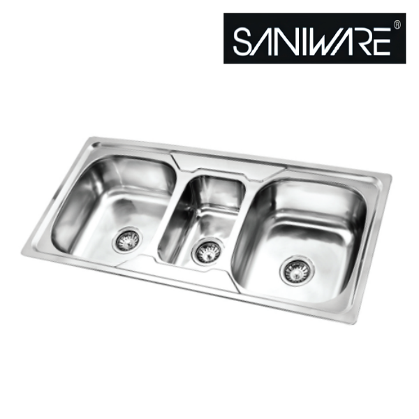 Saniware SKS-10550-SP 1050 x 900 x 500mm Top Mount Stainless Steel Triple Bowl Kitchen Sink, Family-Friendly