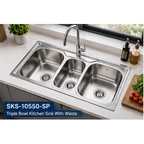 Saniware SKS-10550-SP 1050 x 900 x 500mm Top Mount Stainless Steel Triple Bowl Kitchen Sink, Family-Friendly