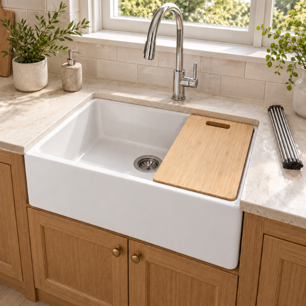 Cavarro Levanzo CFS241810WS 608 × 456mm White Fireclay Reversible Apron Front Single Bowl Workstation Kitchen Sink Flush Mount or Undermount Ideal for Compact Kitchens and Food Preparation